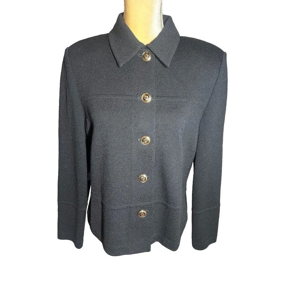 St John Women’s Santana Wool Blend Knit Jacket Gold Logo Buttons Size 10 Classic